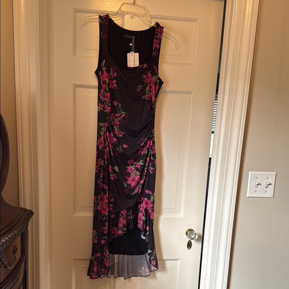 Chic Floral High-Low Dress - Black and Pink